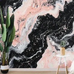 Cool Wallpapers Abstract Pink Black 3D Wallpaper Wall Mural Marble Roll Sticker Peel and Stick Removable PVC/Vinyl Material Self Adhesive/Adhesive Required Wall Decor for Living Room Kitchen Bathroom