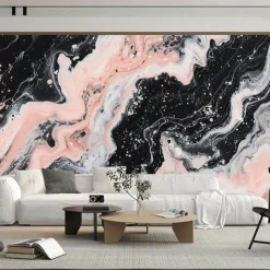Cool Wallpapers Abstract Pink Black 3D Wallpaper Wall Mural Marble Roll Sticker Peel and Stick Removable PVC/Vinyl Material Self Adhesive/Adhesive Required Wall Decor for Living Room Kitchen Bathroom