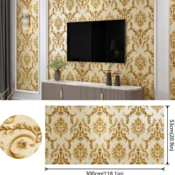 Cool Wallpapers Flower Wallpaper 3D Damask Wall Mural Wall Cover Sticker Film Peel and Stick Removable Self Adhesive Embossed European Damascus Non Woven Home Decoration 300x53cm/118.11''x20.87''