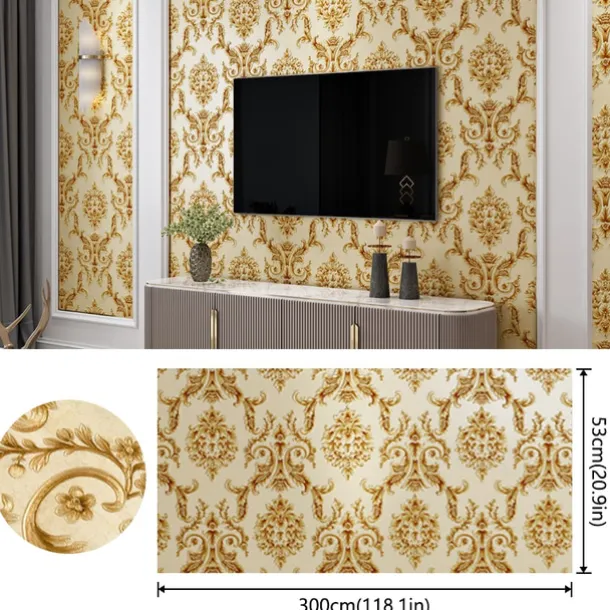 Cool Wallpapers Flower Wallpaper 3D Damask Wall Mural Wall Cover Sticker Film Peel and Stick Removable Self Adhesive Embossed European Damascus Non Woven Home Decoration 300x53cm/118.11''x20.87''