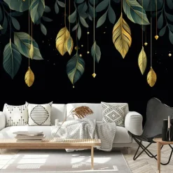 Cool Wallpapers Green Gold Plant Wallpaper Wall Mural Roll Sticker Peel and Stick Removable PVC/Vinyl Material Self Adhesive/Adhesive Required Wall Decor for Living Room Kitchen Bathroom