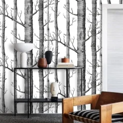 Cool Wallpapers 1pc Birch Tree Wallpaper Black and White Peel and Stick Wall Mural Wall Sticker Self-Adhesive PVC For Home Decor Cabinet Table Chair Room Backdrop Renovation 45cmx600cm/17.7