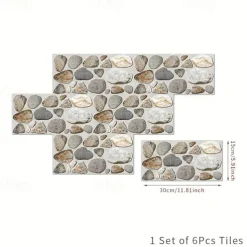 Cool Wallpapers 6pcs Cobblestone Wooden Pattern Wall Panels Wall Mural, Stone Peel Stick Wall Tile Sticker, Kitchen Self-adhesive Wall Decor Waterproof, Room Decor, Home Decor 15x30cm(5.9