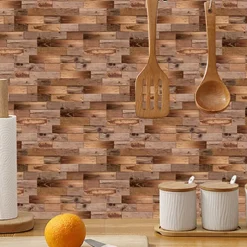 Cool Wallpapers 6pcs Cobblestone Wooden Pattern Wall Panels Wall Mural, Stone Peel Stick Wall Tile Sticker, Kitchen Self-adhesive Wall Decor Waterproof, Room Decor, Home Decor 15x30cm(5.9