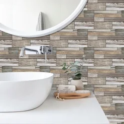 Cool Wallpapers 6pcs Cobblestone Wooden Pattern Wall Panels Wall Mural, Stone Peel Stick Wall Tile Sticker, Kitchen Self-adhesive Wall Decor Waterproof, Room Decor, Home Decor 15x30cm(5.9