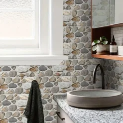 Cool Wallpapers 6pcs Cobblestone Wooden Pattern Wall Panels Wall Mural, Stone Peel Stick Wall Tile Sticker, Kitchen Self-adhesive Wall Decor Waterproof, Room Decor, Home Decor 15x30cm(5.9