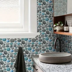 Cool Wallpapers 6pcs Cobblestone Wooden Pattern Wall Panels Wall Mural, Stone Peel Stick Wall Tile Sticker, Kitchen Self-adhesive Wall Decor Waterproof, Room Decor, Home Decor 15x30cm(5.9