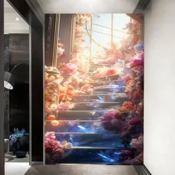 Cool Wallpapers Wall Mural Floral Stairs Abstract 3D Home Decoration Cartoon Landscape Wall Covering, Canvas PVC / Vinyl Material Adhesive required Mural, Room Wallcovering