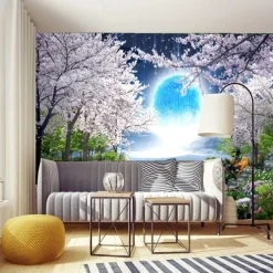 Cool Wallpapers Wall Mural Landscape 3D Mural Wallpaper Night View Cherry Blossom Wall sticker Self-adhesive PVC/Vinyl for Living Room Bedroom Restaurant Hotel Wall Cloth Room Home Decor