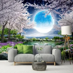 Cool Wallpapers Wall Mural Landscape 3D Mural Wallpaper Night View Cherry Blossom Wall sticker Self-adhesive PVC/Vinyl for Living Room Bedroom Restaurant Hotel Wall Cloth Room Home Decor