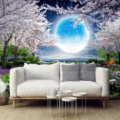 Cool Wallpapers Wall Mural Landscape 3D Mural Wallpaper Night View Cherry Blossom Wall sticker Self-adhesive PVC/Vinyl for Living Room Bedroom Restaurant Hotel Wall Cloth Room Home Decor