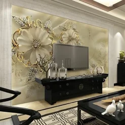 Cool Wallpapers Wall Mural 3D Golden Flower Wallpaper for Walls European Luxury Style Diamond Adhesive Required Canvas for Living Room Hotel Background Home Décor
