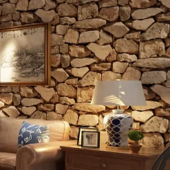 Cool Wallpapers Wall Mural Brick Wallpaper Brown 3D Rock Stone Wall Covering Adhesive Required PVC Home Décor 1000*53 cm