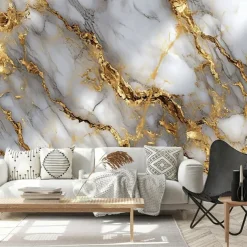 Cool Wallpapers White Gold Marble Wallpaper Wall Mural Wall Covering Sticker Peel and Stick Removable PVC/Vinyl Material Self Adhesive/Adhesive Required Wall Decor for Living Room Kitchen Bathroom