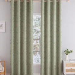 Cotton Linen Striped Curtain Fabric Sage Green Tufted Blackout Curtain For The Livingroom