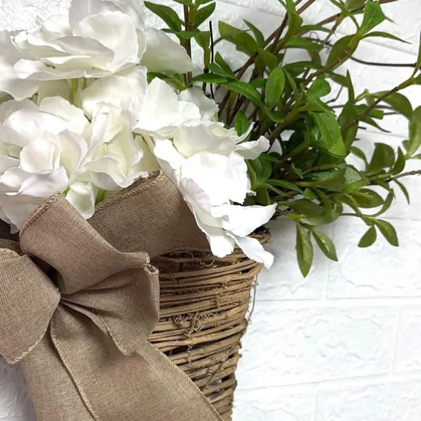Cream Hydrangea Door Hanger Basket Wreath Spring Wreath Floral Artificial Hydrangea and Vine Basket Door Hanging Decoration with Rustic Twigs for Front Door, Porch, Living Room, Cafe