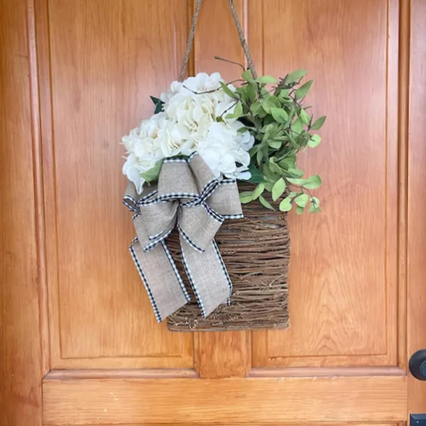 Cream Hydrangea Door Hanger Basket Wreath Spring Wreath Floral Artificial Hydrangea and Vine Basket Door Hanging Decoration with Rustic Twigs for Front Door, Porch, Living Room, Cafe