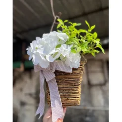Cream Hydrangea Door Hanger Basket Wreath Spring Wreath Floral Artificial Hydrangea and Vine Basket Door Hanging Decoration with Rustic Twigs for Front Door, Porch, Living Room, Cafe