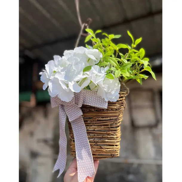 Cream Hydrangea Door Hanger Basket Wreath Spring Wreath Floral Artificial Hydrangea and Vine Basket Door Hanging Decoration with Rustic Twigs for Front Door, Porch, Living Room, Cafe