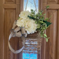 Cream Hydrangea Door Hanger Basket Wreath Spring Wreath Floral Artificial Hydrangea and Vine Basket Door Hanging Decoration with Rustic Twigs for Front Door, Porch, Living Room, Cafe