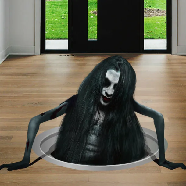 Creative Halloween Horror Floor Decal - New 2025 Design, Spooky Long-Haired Woman, Perfect for Living Room Decor and Atmosphere