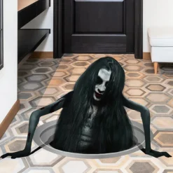 Creative Halloween Horror Floor Decal - New 2025 Design, Spooky Long-Haired Woman, Perfect for Living Room Decor and Atmosphere