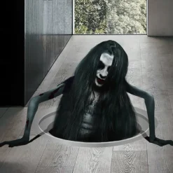 Creative Halloween Horror Floor Decal - New 2025 Design, Spooky Long-Haired Woman, Perfect for Living Room Decor and Atmosphere