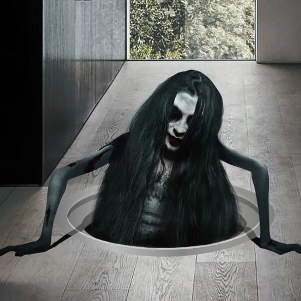 Creative Halloween Horror Floor Decal - New 2025 Design, Spooky Long-Haired Woman, Perfect for Living Room Decor and Atmosphere