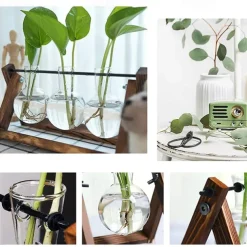 Creative Wooden Frame Glass Vase Tabletop Terrarium Hydroponics Plant Vases Bonsai 3 Transparent Flower Pot with Wooden Tray Home Decor
