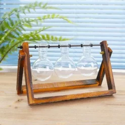 Creative Wooden Frame Glass Vase Tabletop Terrarium Hydroponics Plant Vases Bonsai 3 Transparent Flower Pot with Wooden Tray Home Decor