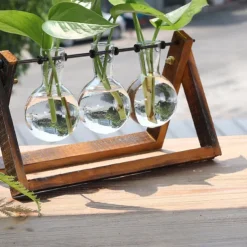 Creative Wooden Frame Glass Vase Tabletop Terrarium Hydroponics Plant Vases Bonsai 3 Transparent Flower Pot with Wooden Tray Home Decor