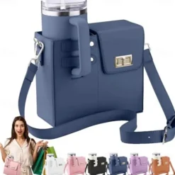Crossbody Cup Holder Bag with Purse, Portable Water Bottle Carrier for 40oz Tumbler, Outdoor Travel Cup Bag with Strap and Pouch