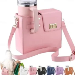 Crossbody Cup Holder Bag with Purse, Portable Water Bottle Carrier for 40oz Tumbler, Outdoor Travel Cup Bag with Strap and Pouch