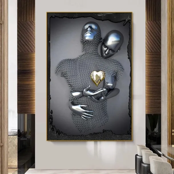 3D Wall Art Love Heart Prints/Posters Metal Sculpture Couple Hug Modern Picture Home Decoration Wall Hanging Gift Rolled Canvas Unframed Unstretched