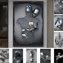 3D Wall Art Love Heart Prints/Posters Metal Sculpture Couple Hug Modern Picture Home Decoration Wall Hanging Gift Rolled Canvas Unframed Unstretched