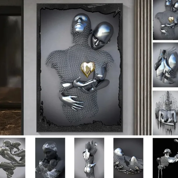 3D Wall Art Love Heart Prints/Posters Metal Sculpture Couple Hug Modern Picture Home Decoration Wall Hanging Gift Rolled Canvas Unframed Unstretched