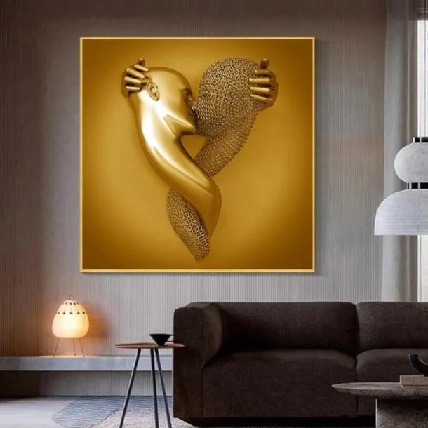 3D Wall Art Love Heart Prints/Posters Metal Sculpture Couple Hug Modern Picture Home Decoration Wall Hanging Gift Rolled Canvas Unframed Unstretched