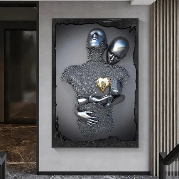 3D Wall Art Love Heart Prints/Posters Metal Sculpture Couple Hug Modern Picture Home Decoration Wall Hanging Gift Rolled Canvas Unframed Unstretched