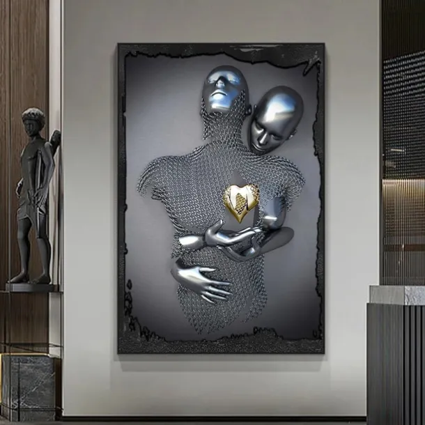 3D Wall Art Love Heart Prints/Posters Metal Sculpture Couple Hug Modern Picture Home Decoration Wall Hanging Gift Rolled Canvas Unframed Unstretched