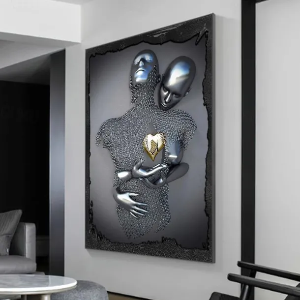 3D Wall Art Love Heart Prints/Posters Metal Sculpture Couple Hug Modern Picture Home Decoration Wall Hanging Gift Rolled Canvas Unframed Unstretched