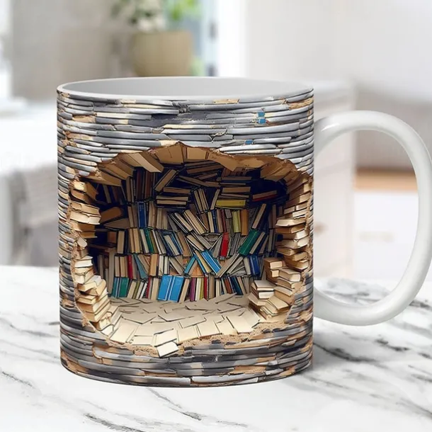 3D Bookshelf Mug, Ceramic Mug,Library Bookshelves Hole In A Wall Mug,Book Lovers Coffee Mug, Cool Bookish Gifts for Readers Christmas Xmas Gift