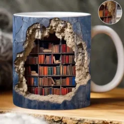 3D Bookshelf Mug, Ceramic Mug,Library Bookshelves Hole In A Wall Mug,Book Lovers Coffee Mug, Cool Bookish Gifts for Readers Christmas Xmas Gift