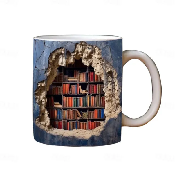 3D Bookshelf Mug, Ceramic Mug,Library Bookshelves Hole In A Wall Mug,Book Lovers Coffee Mug, Cool Bookish Gifts for Readers Christmas Xmas Gift