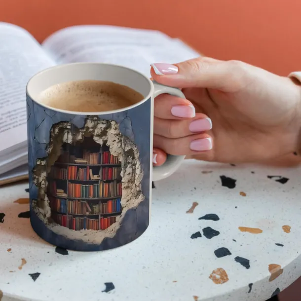 3D Bookshelf Mug, Ceramic Mug,Library Bookshelves Hole In A Wall Mug,Book Lovers Coffee Mug, Cool Bookish Gifts for Readers Christmas Xmas Gift