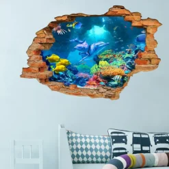 3D Broken Wall Undersea World Dolphin Home Children's Room Background Decoration Removable Stickers Wall Decor Stickers for bedroom living room