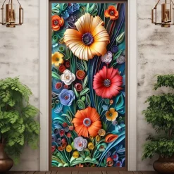3D Floral Door Covers Mural Decor Door Tapestry Door Curtain Decoration Backdrop Door Banner Removable for Front Door Indoor Outdoor Home Room Decoration Farmhouse Decor Supplies