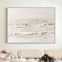 3D Framed Hand painted Textured Wall Art White Minimalist Painting on Canvas WabiSabi Trendy Home Decor Living Room Wall Art Modern Painting Readying to Hanging