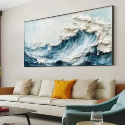 3D Framed Ocean Wave Oil Painting hand painted Blue Ocean Oil Painting On Canvas handmade Abstract Nature Blue Sea Textured painting Wall Art Minimalist Large Wall Art painting for Living Room Decora