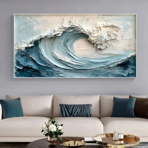 3D Framed Ocean Wave Oil Painting hand painted Blue Ocean Oil Painting On Canvas handmade Abstract Nature Blue Sea Textured painting Wall Art Minimalist Large Wall Art painting for Living Room Decora