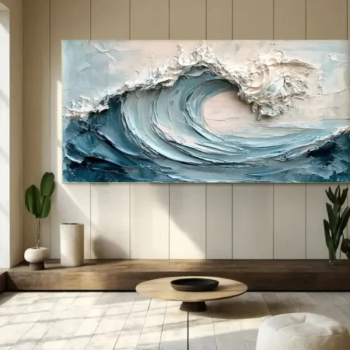 3D Framed Ocean Wave Oil Painting hand painted Blue Ocean Oil Painting On Canvas handmade Abstract Nature Blue Sea Textured painting Wall Art Minimalist Large Wall Art painting for Living Room Decora